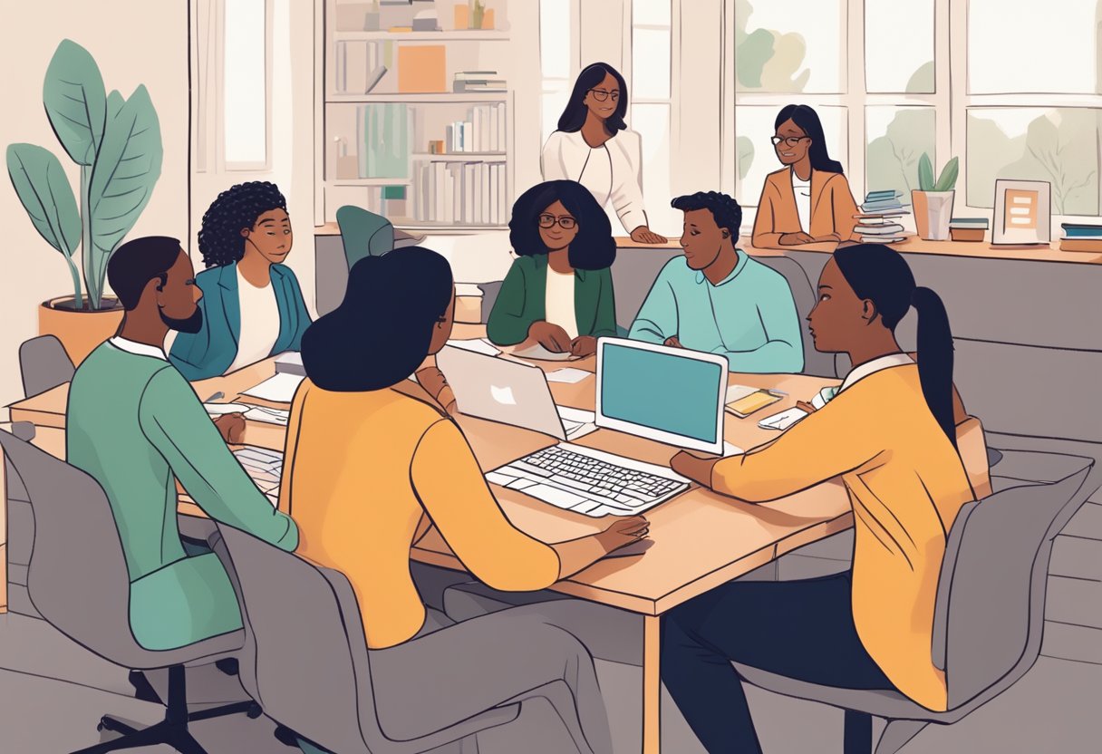 A parentpreneur sits at a desk, surrounded by a diverse group of supportive individuals. They are engaged in conversation, sharing advice and resources. The atmosphere is warm and collaborative