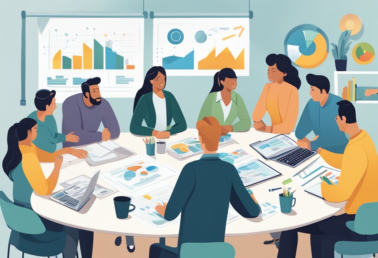 A group of parents collaborate around a table, brainstorming and discussing marketing strategies for their businesses. Posters and charts adorn the walls, showcasing their creative ideas