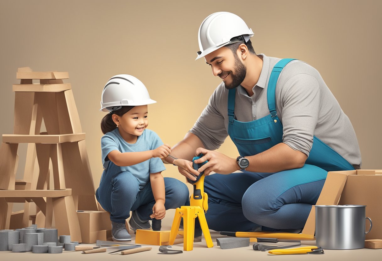 A parent and child work together to build a strong foundation, using tools and materials to create a marketing plan