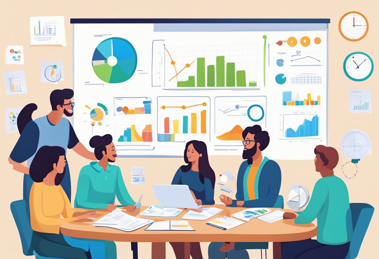 A group of parents gather around a table, brainstorming marketing ideas. A whiteboard displays a strategic plan with colorful charts and graphs
