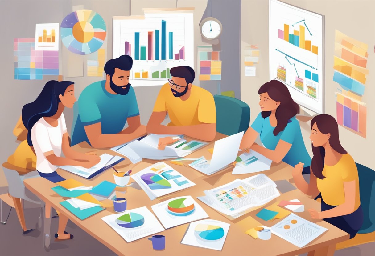 A group of parents collaboratively brainstorming marketing ideas, surrounded by charts, graphs, and colorful promotional materials
