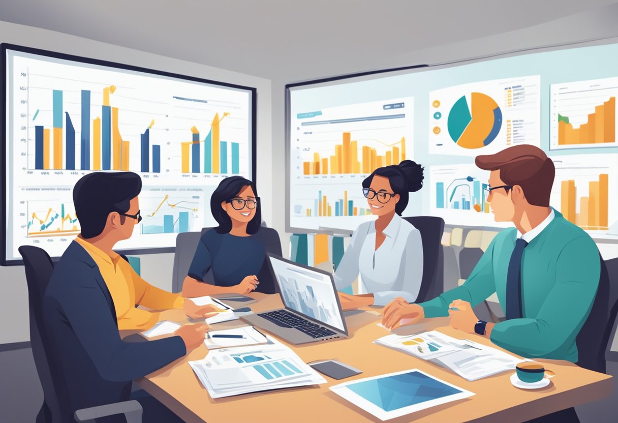 A group of parents discuss financial management and marketing strategies in a boardroom, surrounded by charts, graphs, and laptops