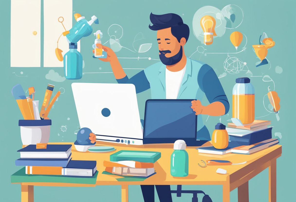 A parent juggles a baby bottle and a laptop, symbolizing the balancing act of parenting and entrepreneurship. The background shows marketing materials and business tools