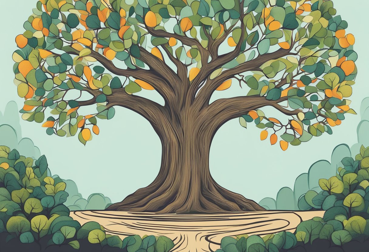 A tree with branches reaching out, each branch representing a different marketing strategy. The tree is surrounded by smaller plants symbolizing parent-run businesses, all growing and thriving