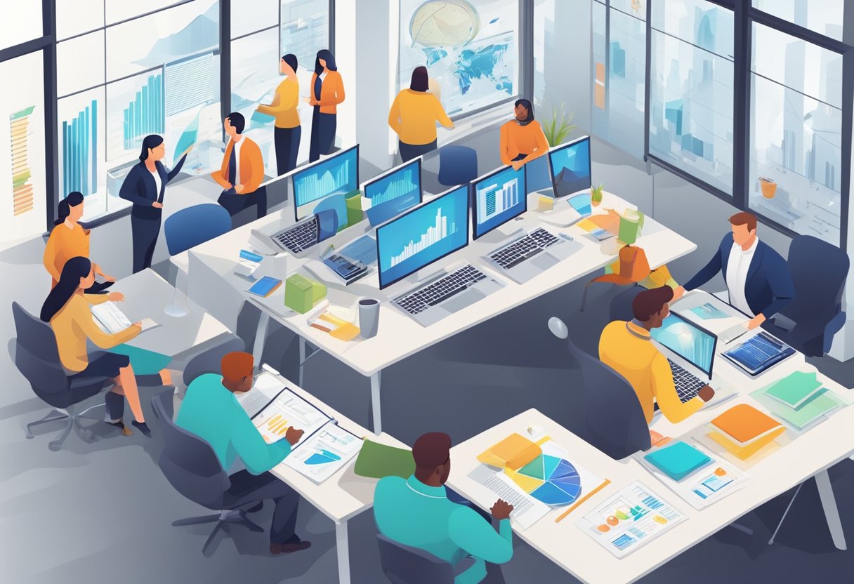 A bustling office with charts, graphs, and brainstorming sessions. A team of professionals strategizing and collaborating to improve business operations and marketing