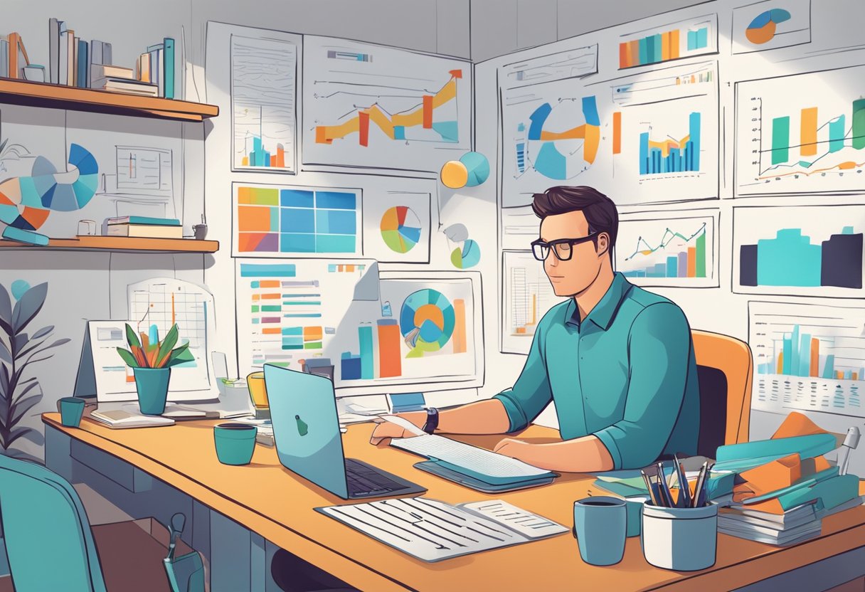 A parent sits at a desk, surrounded by charts and graphs. A laptop displays data on marketing strategies. The room is filled with focused energy