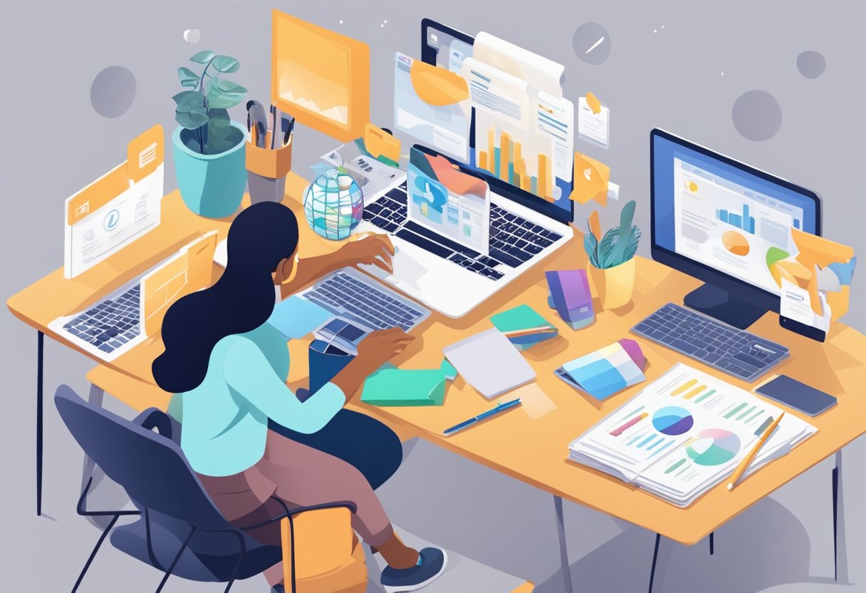 A parent entrepreneur works at a desk, surrounded by marketing materials. A laptop, phone, and notebooks are open, showing social media and branding ideas