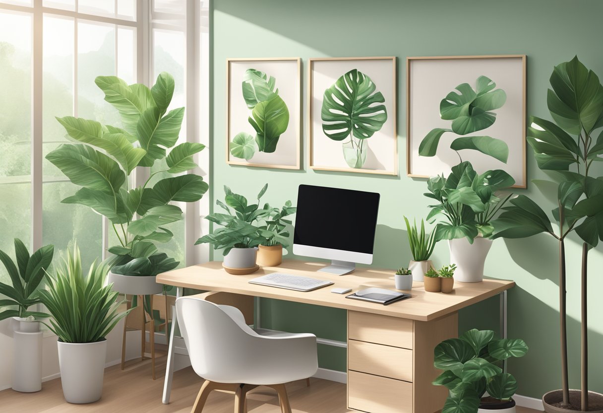 A serene office space with a mix of professional and personal elements, such as a laptop next to a family photo, surrounded by green plants and natural light