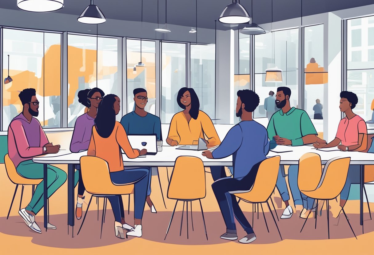 A group of diverse entrepreneurs gather in a vibrant, collaborative space, exchanging ideas and networking. Bright, modern signage promotes marketing strategies and resources for parent-run businesses
