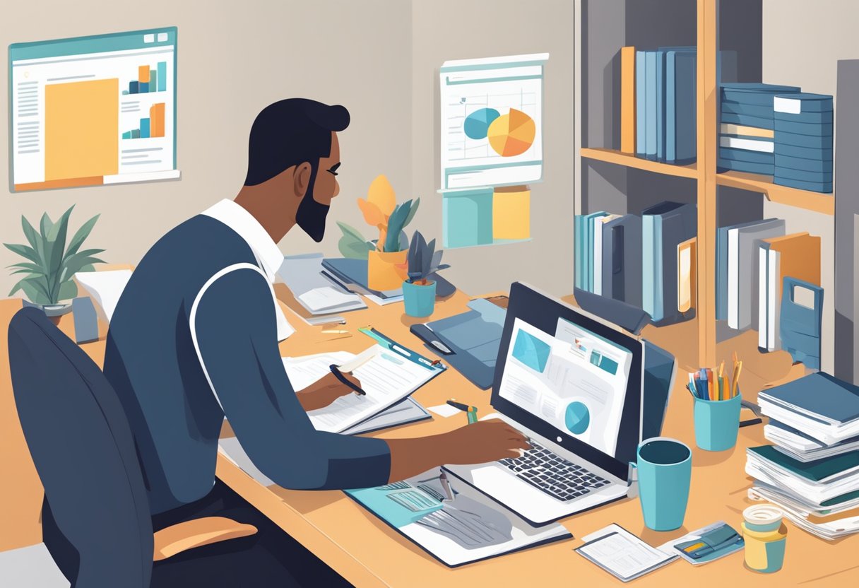 A parent-run business owner sits at a desk, surrounded by marketing materials and a computer. They are brainstorming and strategizing for their business