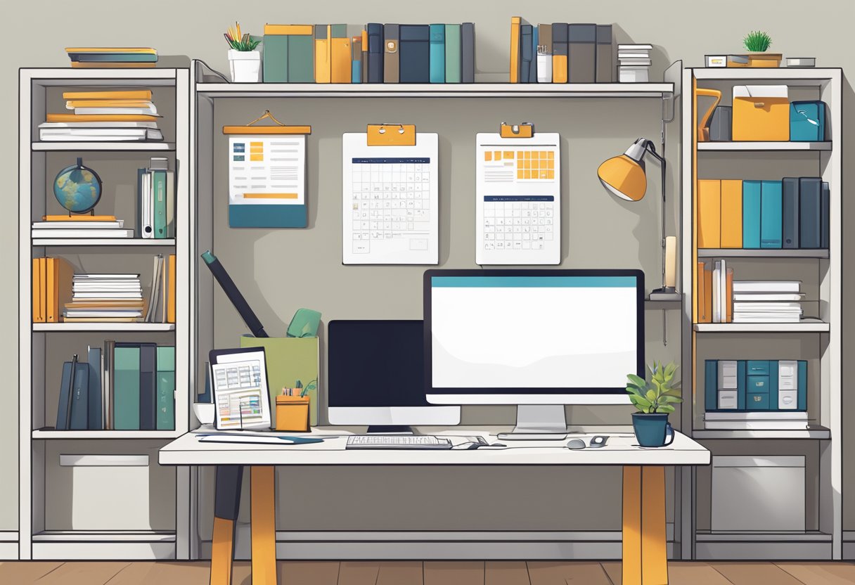 A home office with a desk, computer, and shelves of books. A calendar and to-do list are visible, along with a logo and branding materials