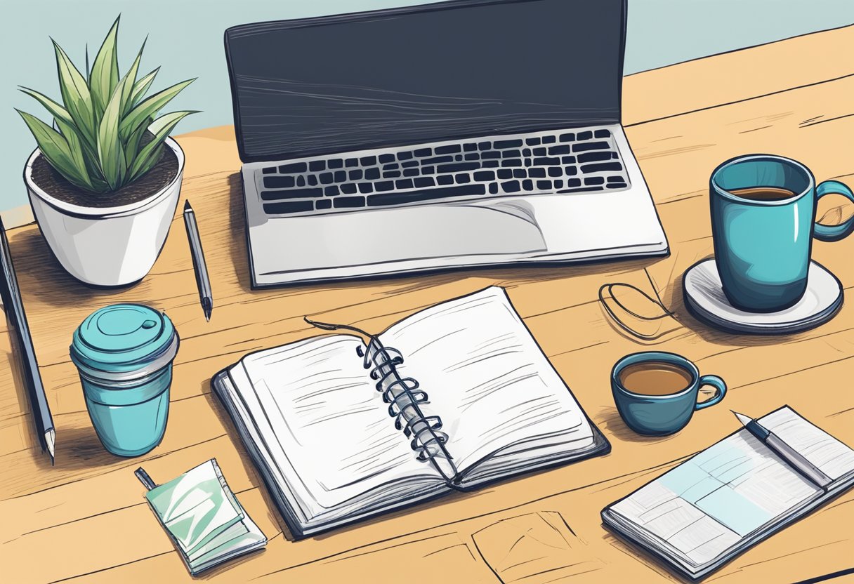 A desk cluttered with business books, a laptop, and a cup of coffee. A vision board with images of success and growth. A logo sketch on a notepad