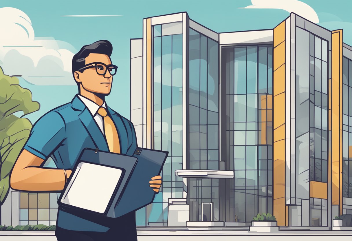 A parent entrepreneur stands confidently in front of a modern office building, surrounded by symbols of their personal brand - a laptop, a briefcase, and a sleek logo displayed on a banner