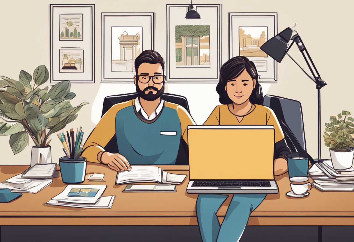 A parent entrepreneur sits at a desk, surrounded by family photos and business awards. They are typing on a laptop, with a confident and determined expression on their face