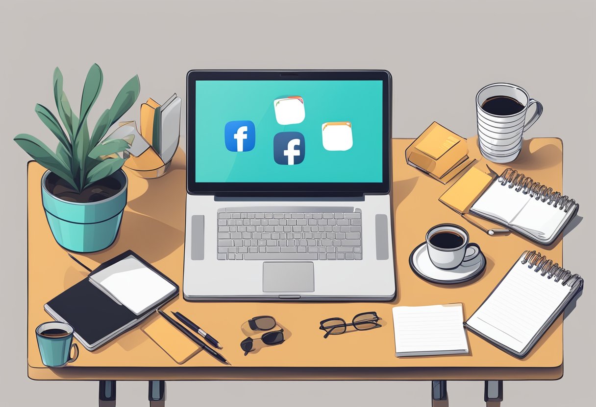 A laptop displaying social media icons, a notepad with branding ideas, and a cup of coffee on a desk