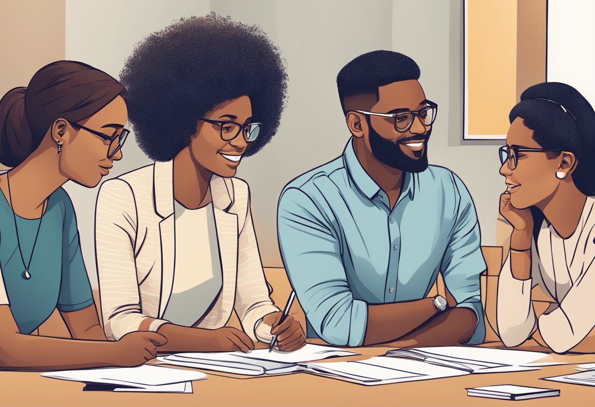 A group of diverse individuals gather in a collaborative setting, exchanging ideas and contact information. The atmosphere is lively and professional, with a focus on building meaningful connections and partnerships