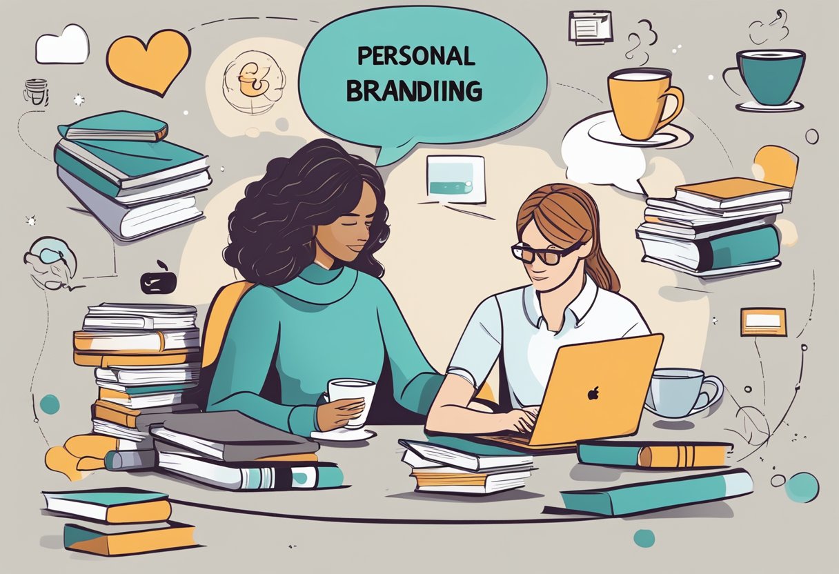 A person writing and sharing content on social media, surrounded by books, a laptop, and a cup of coffee, with a thought bubble containing the words "Personal Branding."