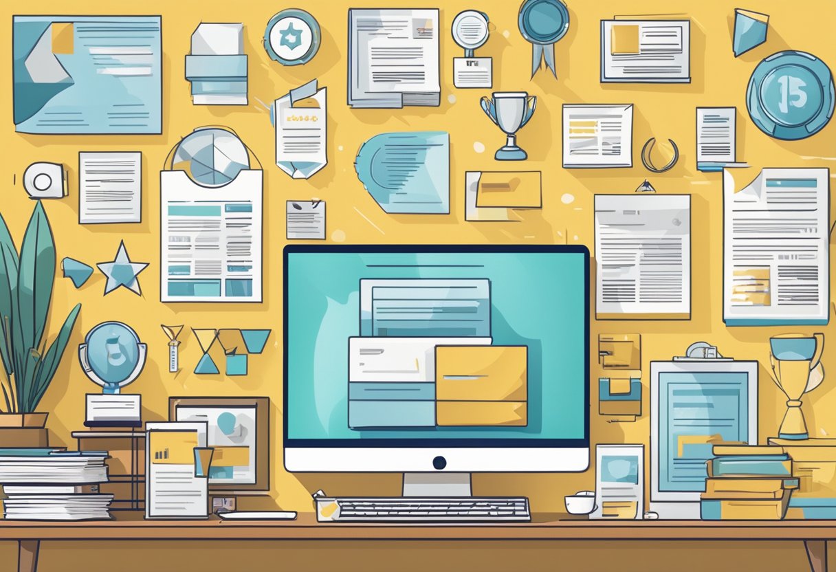 A display of awards, certificates, and positive press clippings on a wall. A laptop with a successful business logo on the screen