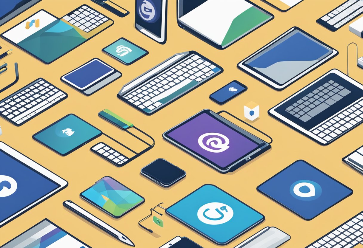 A laptop, phone, and tablet sit on a desk, each displaying the same logo and color scheme. A social media icon and business card are also visible, all featuring consistent branding elements