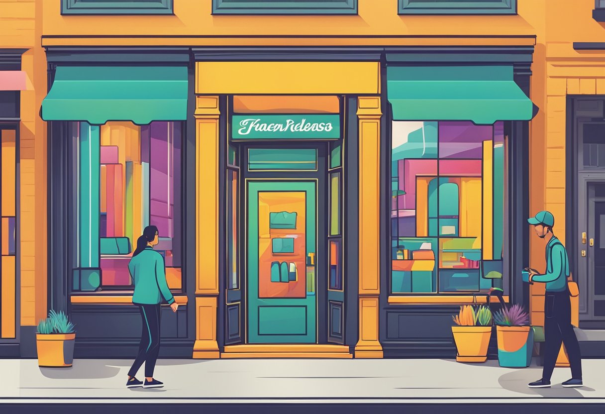 A bright, bold logo is prominently displayed on a storefront, while a sleek business card with the same logo is being handed out to potential customers