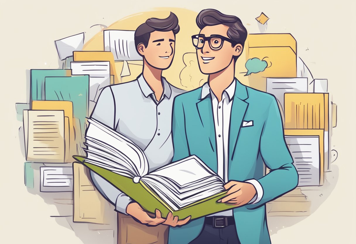 A parent entrepreneur stands confidently with a guidebook in hand, surrounded by a halo of frequently asked questions