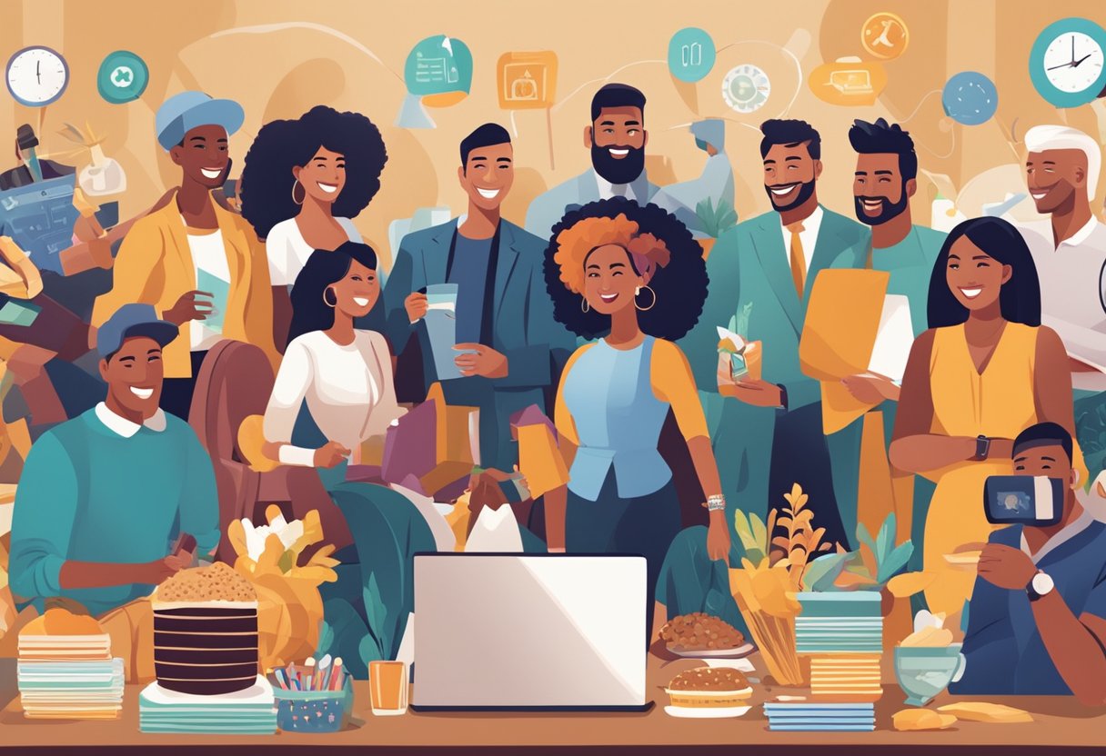 A diverse group of entrepreneurs, including parents, are shown celebrating their successes with their businesses. They are depicted in various industries, such as tech, fashion, and food, showcasing their achievements and determination