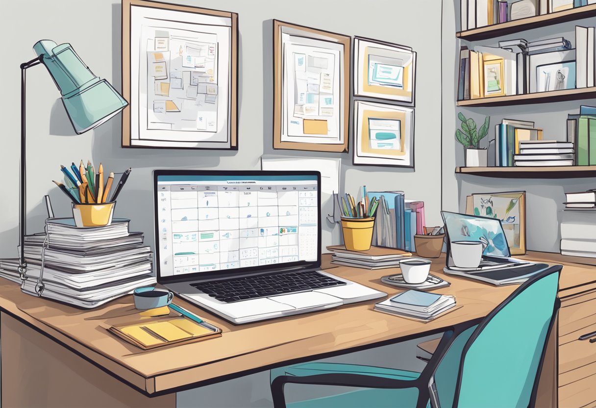 A home office with a desk cluttered with family photos, a laptop, and a stack of business books. A whiteboard with colorful markers and a calendar filled with appointments