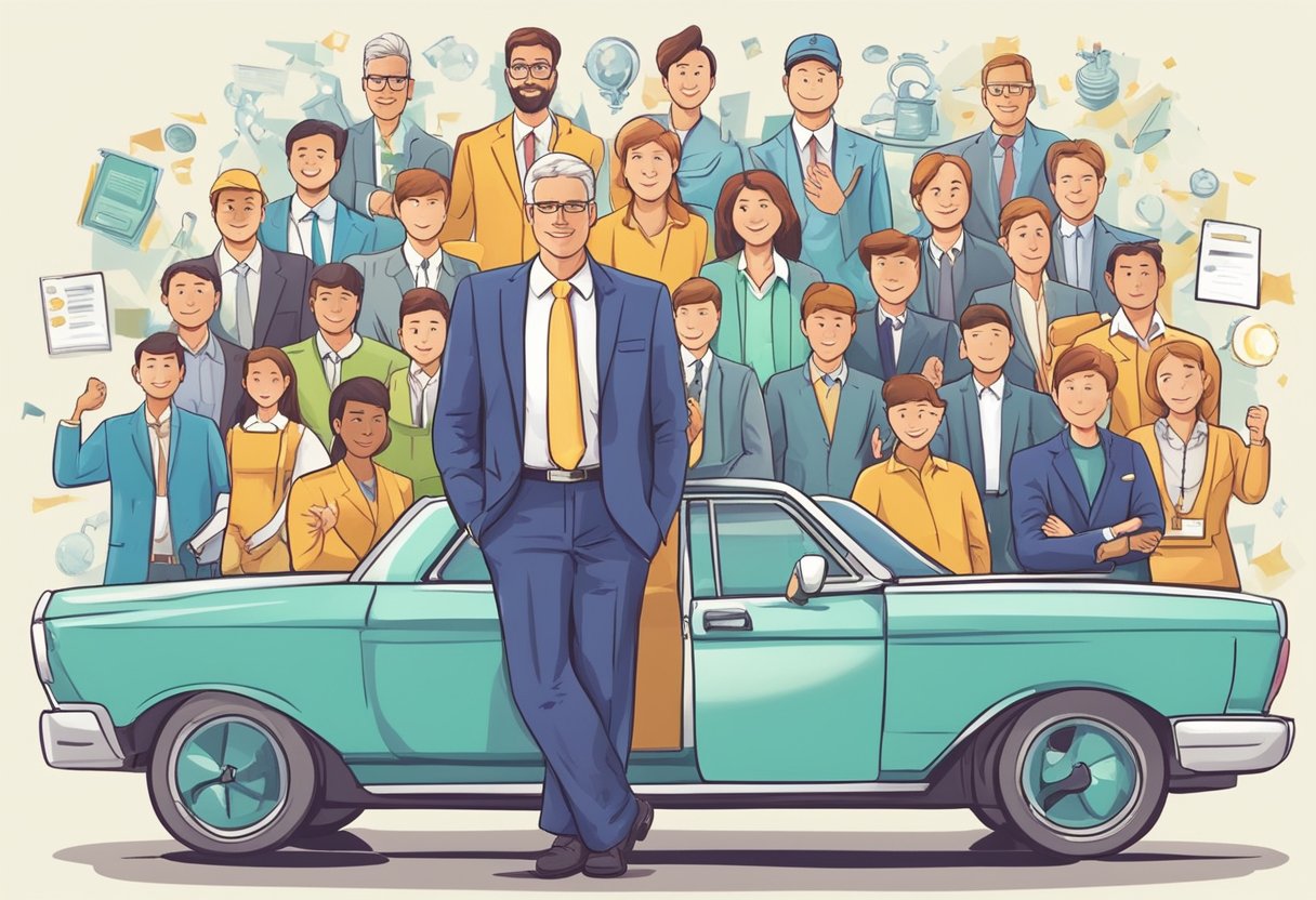 A parent entrepreneur stands proudly, surrounded by their successful business ventures, symbolizing triumph and inspiration