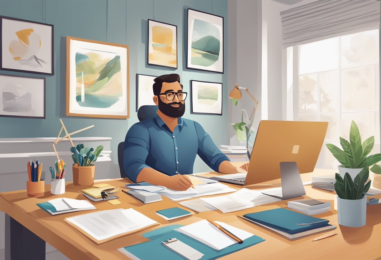 A parent entrepreneur sits at a desk, surrounded by family photos and work materials. They appear focused and content, balancing their professional and personal life with ease
