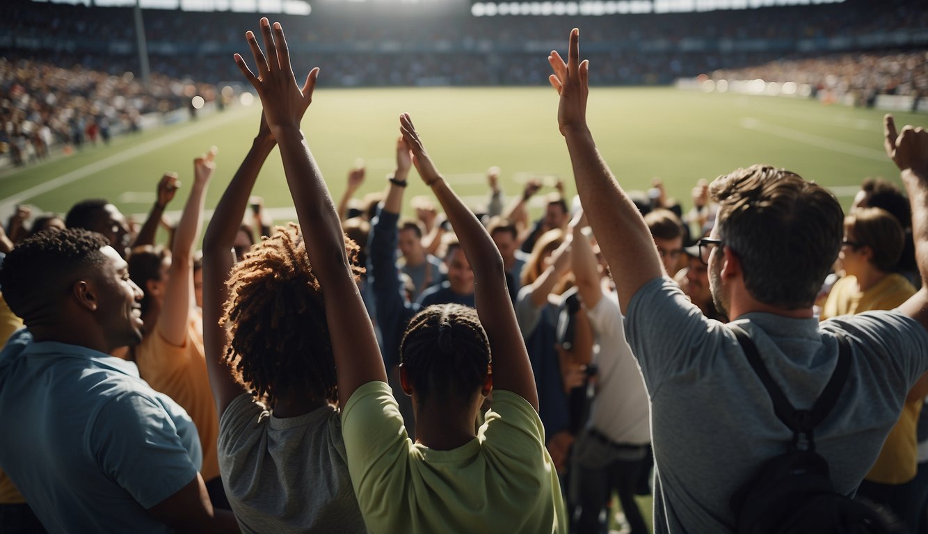 A diverse group of people gather around a sports field, cheering and high-fiving as they watch a game, uniting in their shared love for the sport