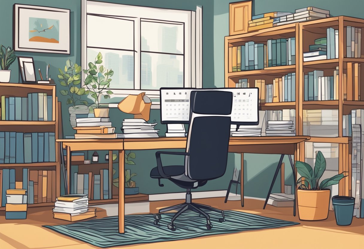 A cozy home office with a desk cluttered with papers, a laptop, and a mug of coffee. A calendar on the wall is filled with appointments and deadlines. A bookshelf in the background is filled with business and parenting books