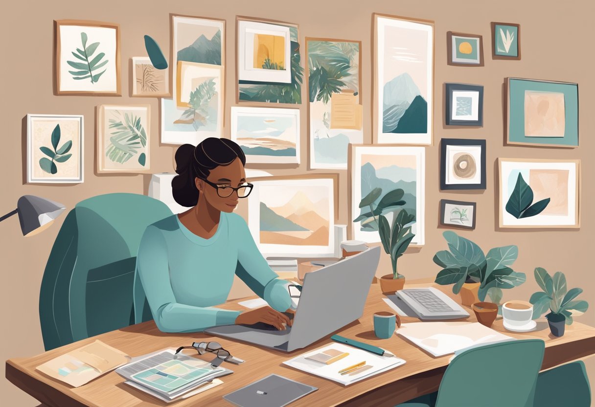 A parent entrepreneur at a desk, surrounded by family photos and a vision board, multitasking work and family responsibilities with determination and focus
