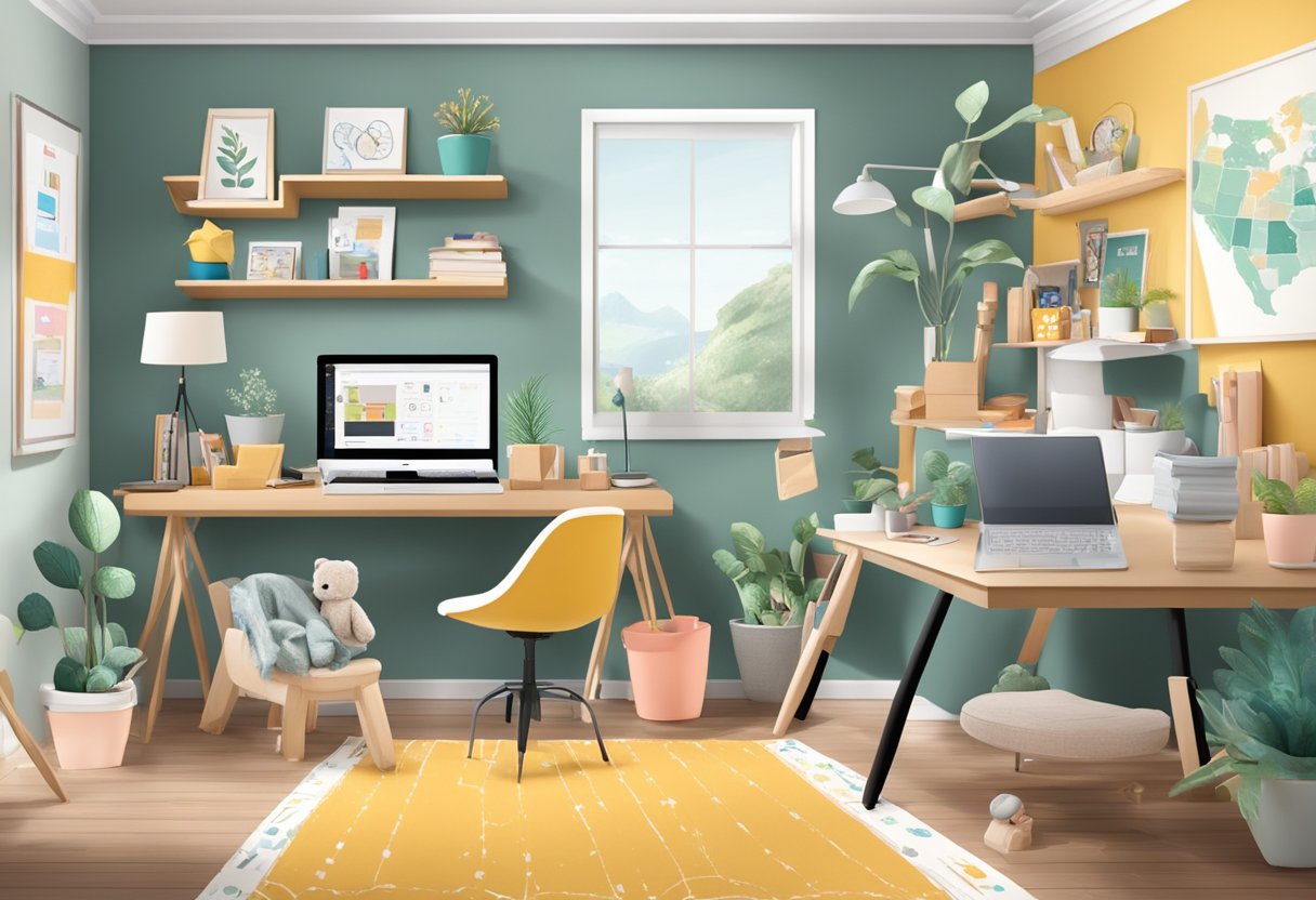 A home office with a laptop, baby toys, and a vision board of successful parent entrepreneurs on the wall