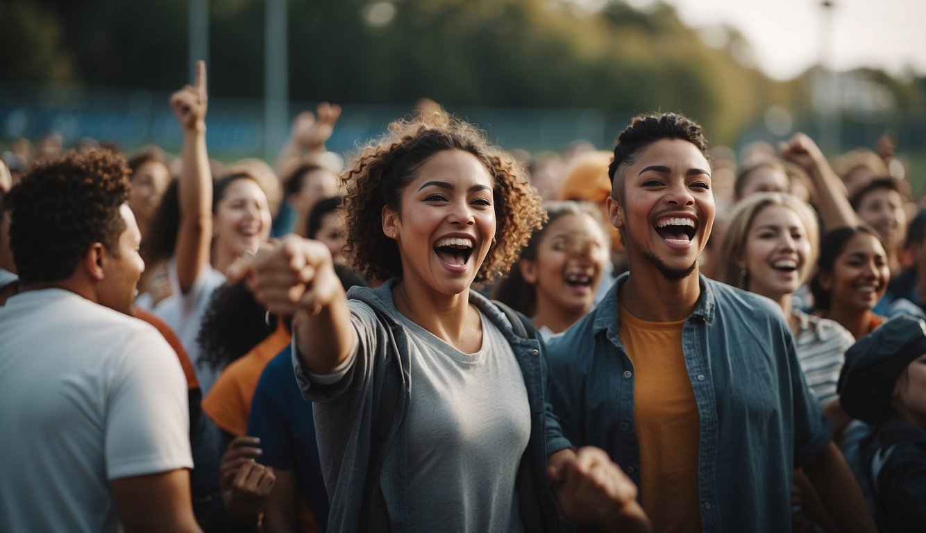 Local sports field filled with diverse community members, laughing and cheering, coming together in friendly competition