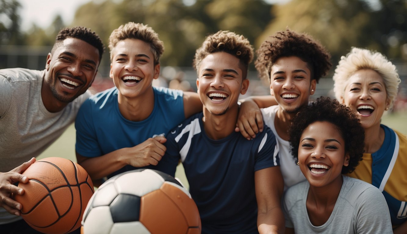 A diverse group of people of all ages and backgrounds coming together to play various sports, laughing and cheering as they bond over the shared experience