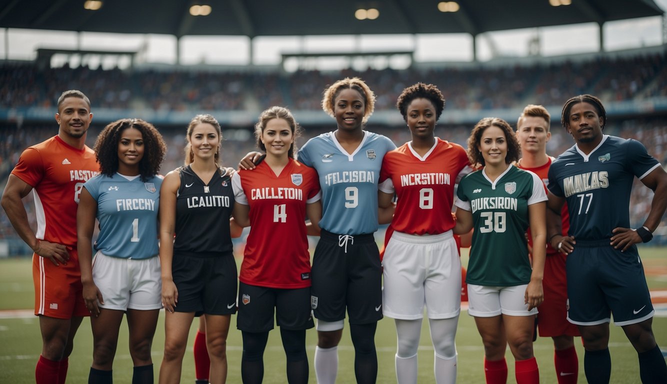 A diverse group of athletes from different backgrounds unite on the field, symbolizing the power of inclusion and equality in sports