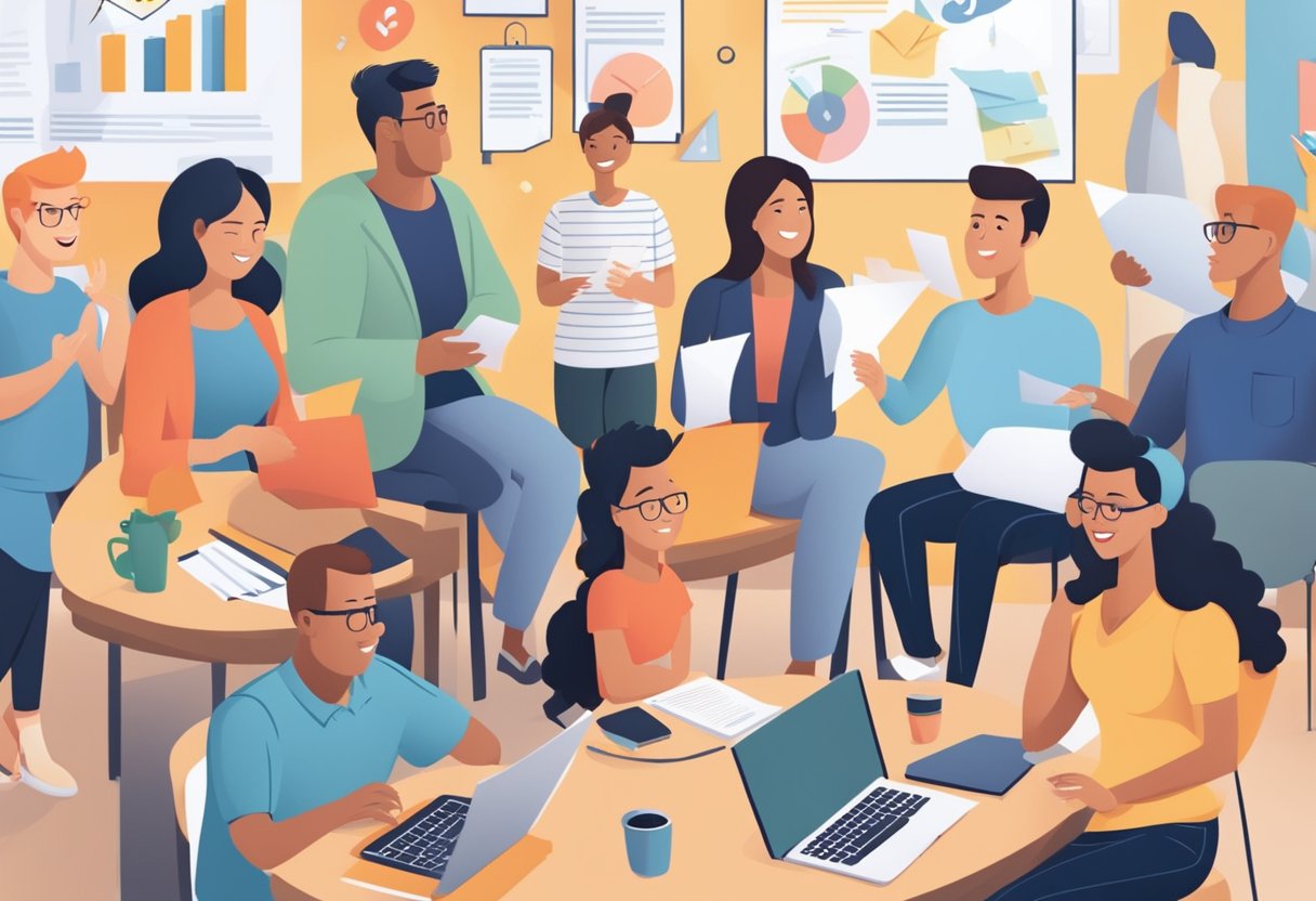 A group of parent entrepreneurs sharing their success stories, surrounded by a backdrop of frequently asked questions and positive testimonials