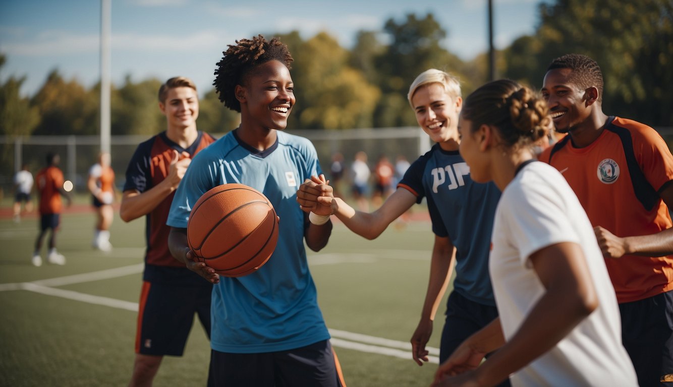 Different cultures playing soccer, basketball, and volleyball together, exchanging smiles and high-fives, showcasing the power of sports in uniting people