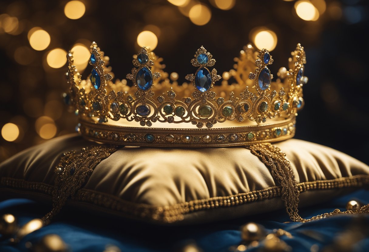 A regal crown rests on a velvet cushion, surrounded by shimmering jewels and intricate gold filigree