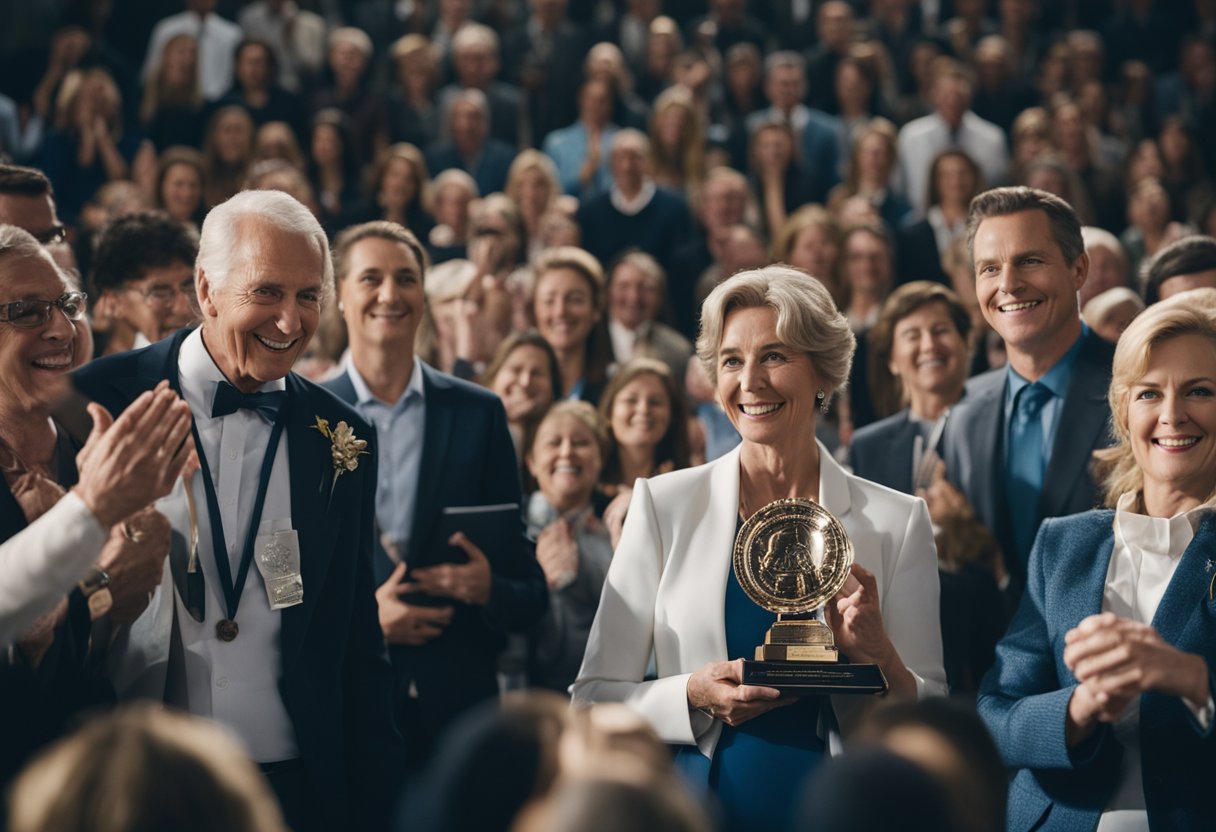 Elizabeth Bowes Gregory receiving awards and accolades, surrounded by cheering crowds and media