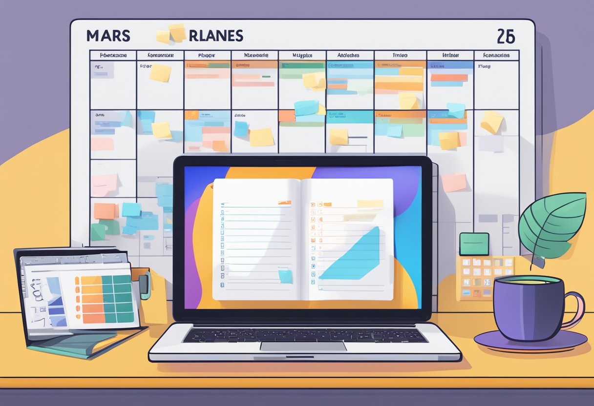 A laptop open on a desk, surrounded by a notebook, pen, and coffee mug. A calendar and to-do list on the wall. Icons of various online tools and resources displayed on the screen
