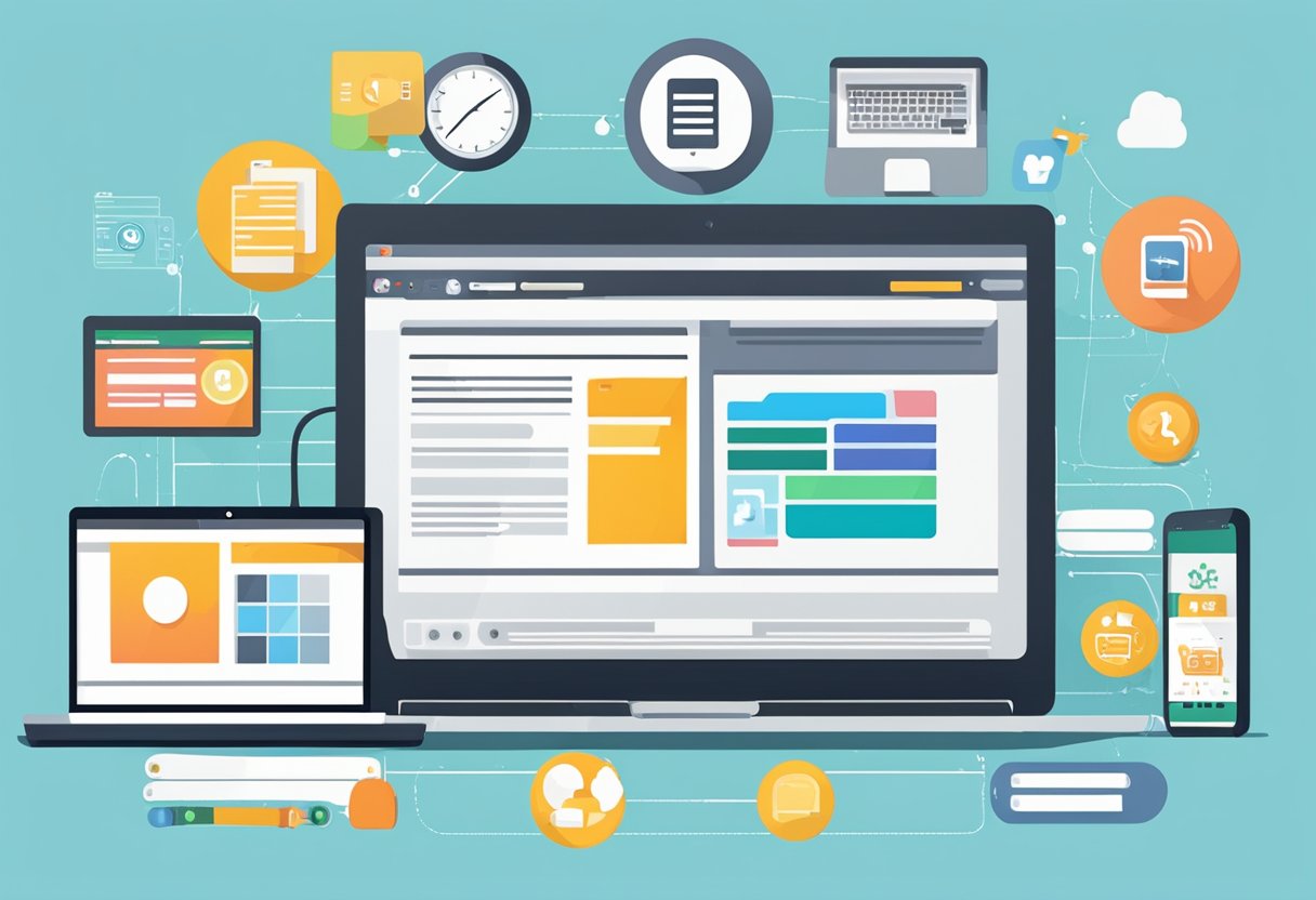 A laptop, tablet, and smartphone surrounded by business-related apps and websites. A parent business owner's logo displayed prominently on the screens