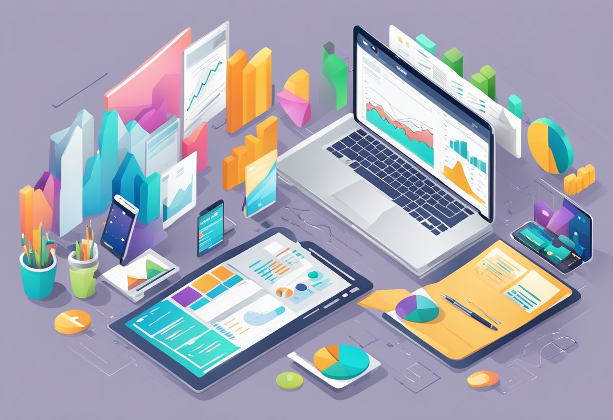 A laptop, tablet, and smartphone surrounded by various online tools and resources. Charts, graphs, and documents are open on the screens, showing collaboration and productivity