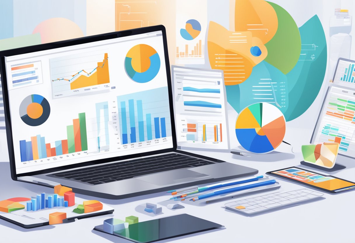 A laptop displaying financial charts and graphs, surrounded by various online tools and resources for parent business owners