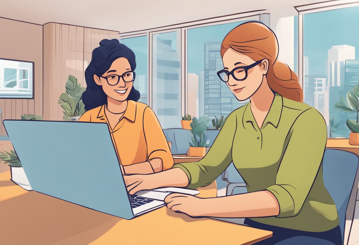 A parent business owner interacts with customers using online tools, creating a virtual bond