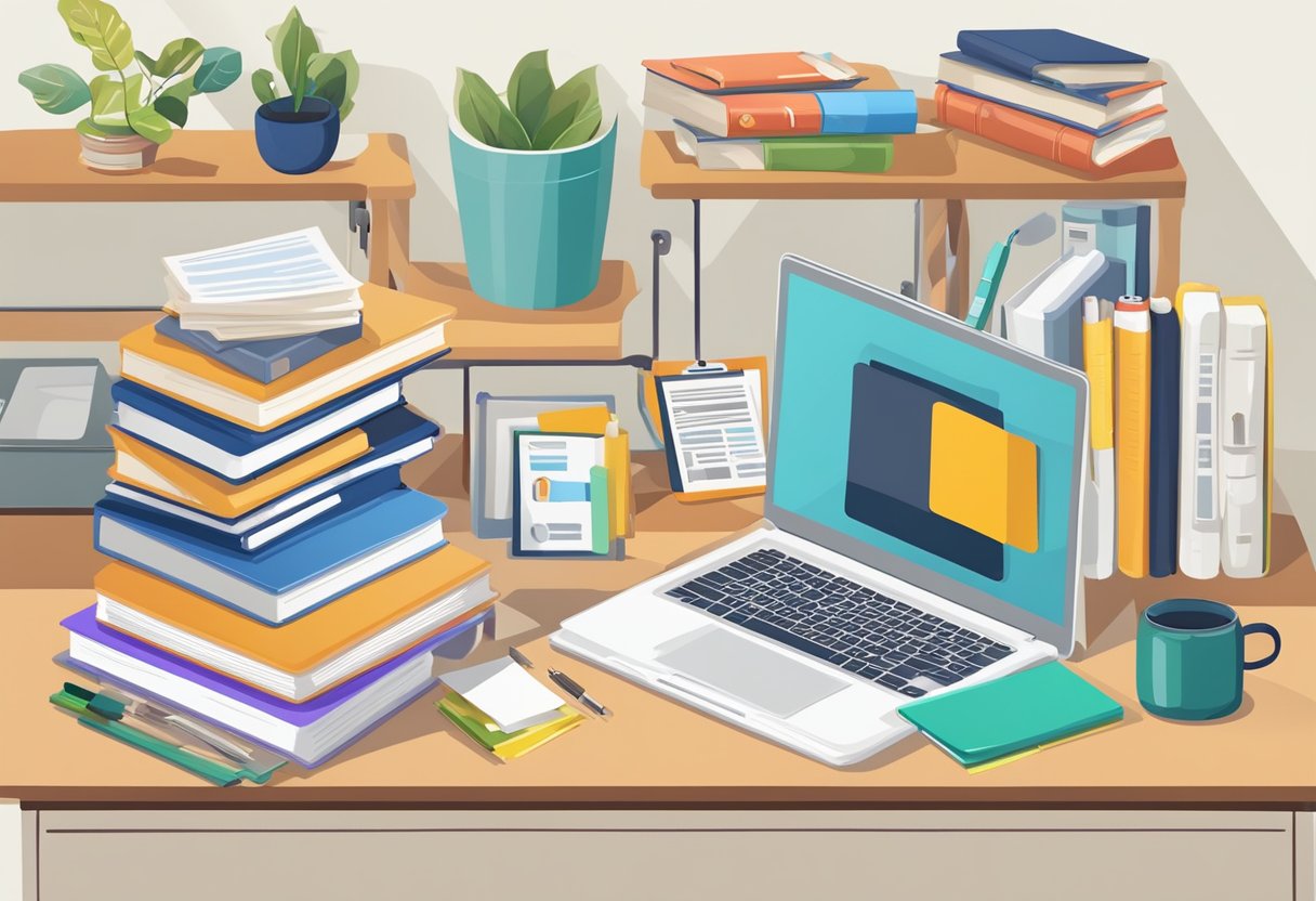 A laptop displaying various online tools and resources for parent business owners, surrounded by books and educational materials