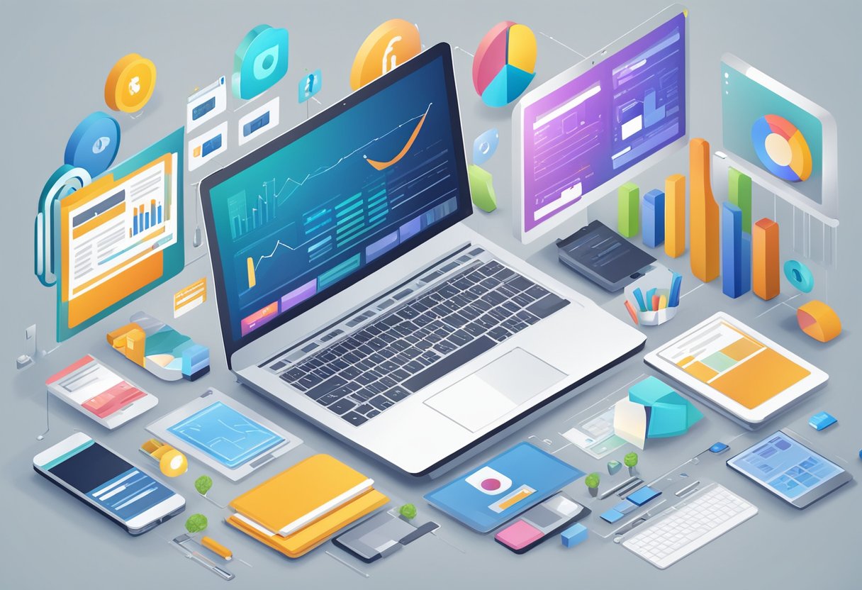 A laptop surrounded by various online business tools and resources, such as analytics software, social media platforms, and e-commerce websites