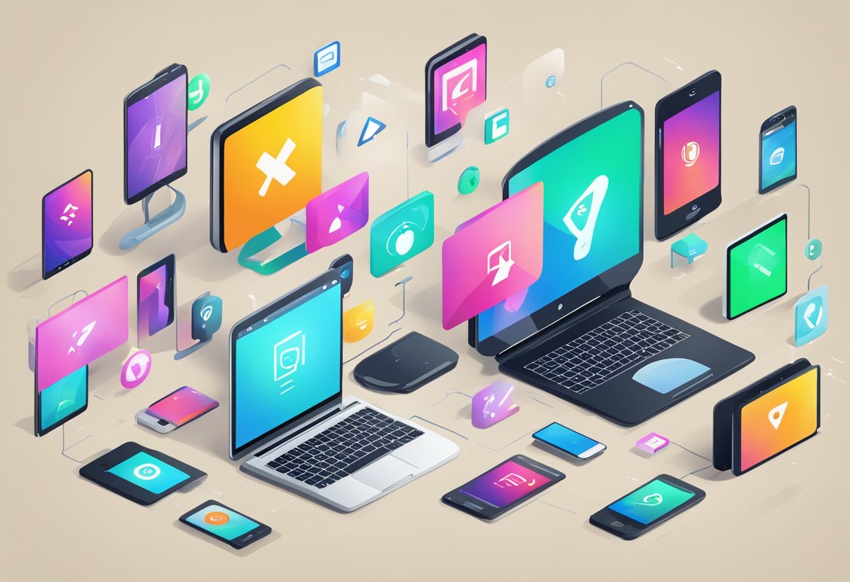 Um grupo de dispositivos digitais representando diferentes Gerações XYZ e a Revolução Digital no Envelhecimento cercados por símbolos e ícones relacionadosà evolução tecnologica 