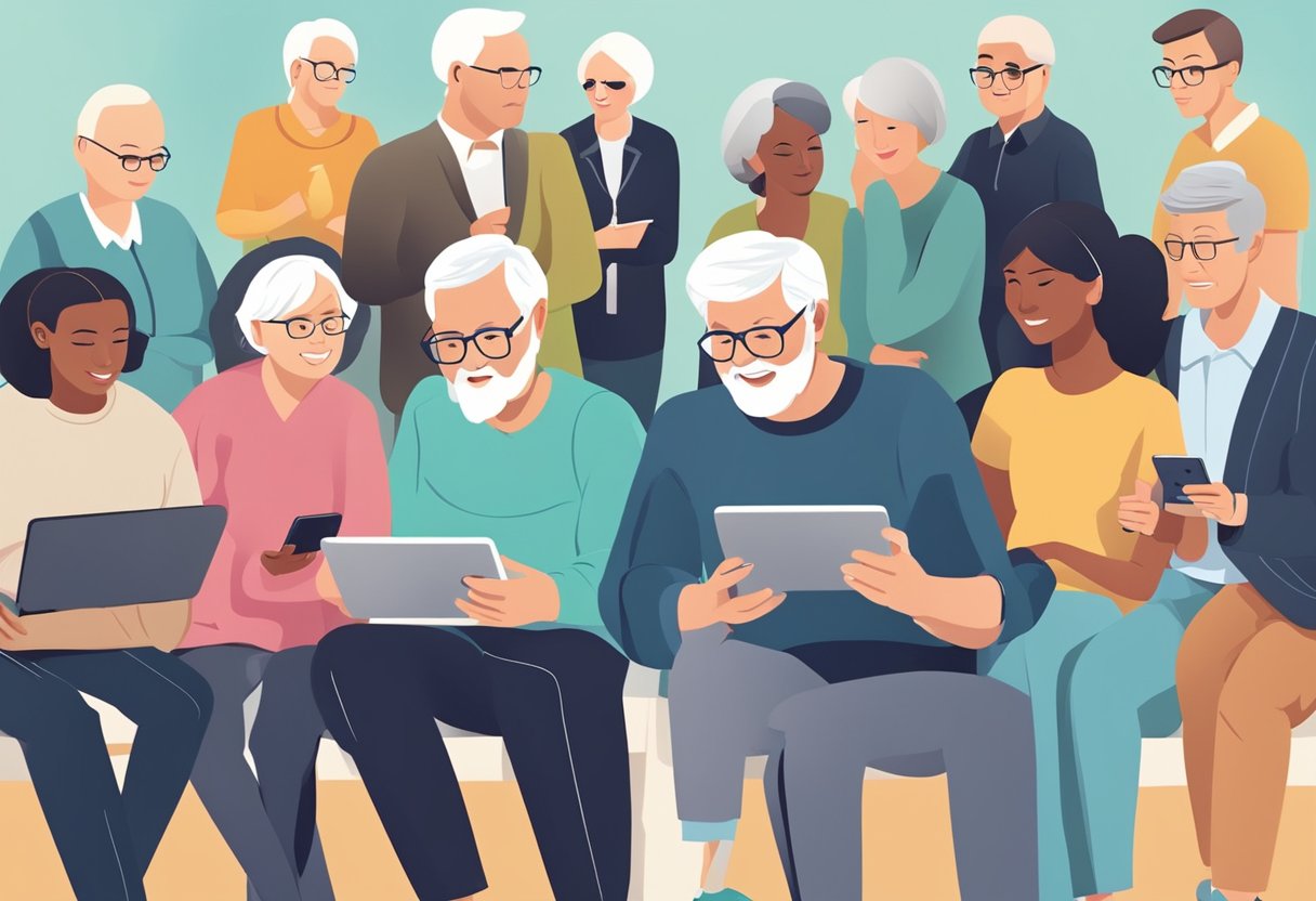 Um grupo de individuos representando diferentes Gerações XYZ e a Revolução Digital no Envelhecimento