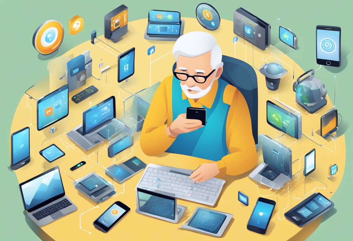 Um idoso usando um smartphone cercado por dispositivos digitais e símbolos tecnológicos